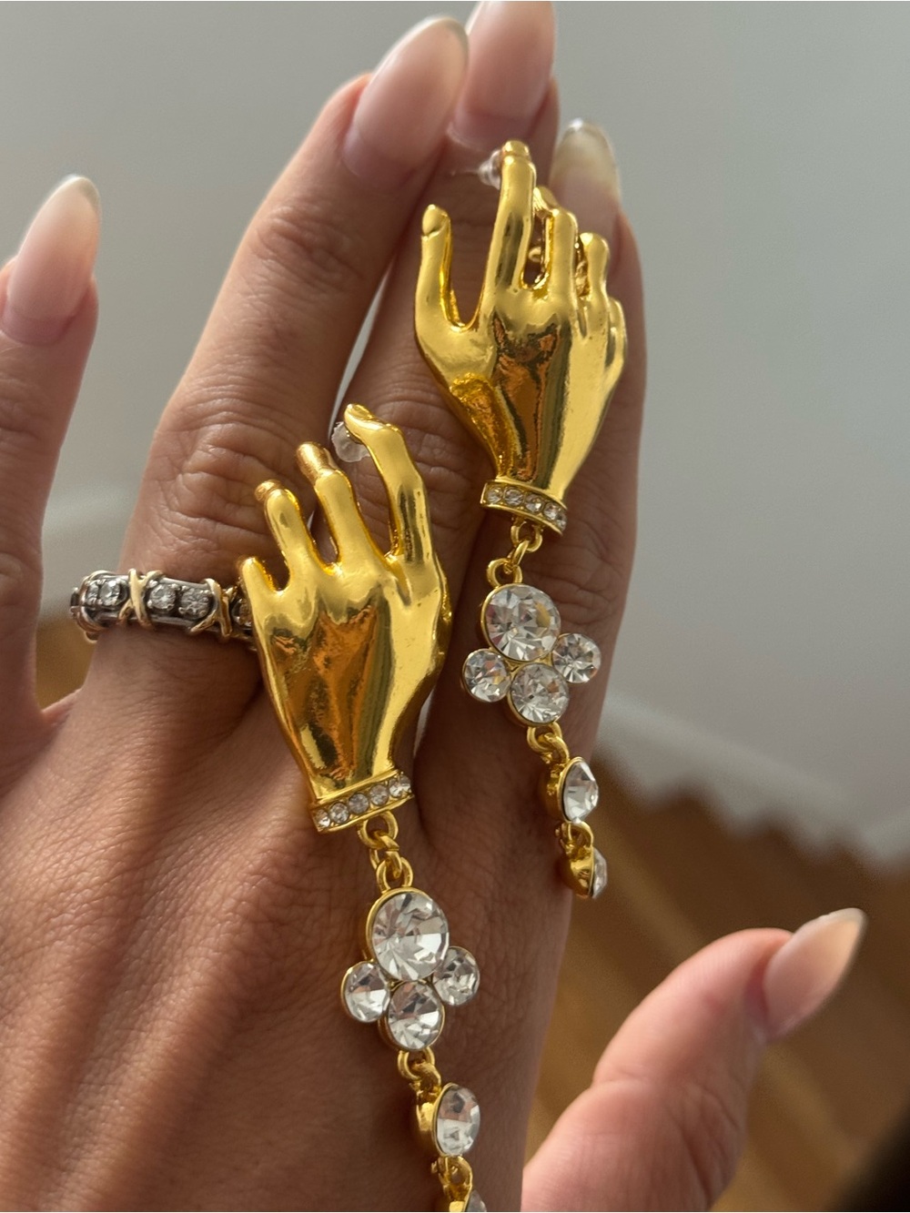 Vintage Gold Hand Drop Earrings with Clear Crystal Accents